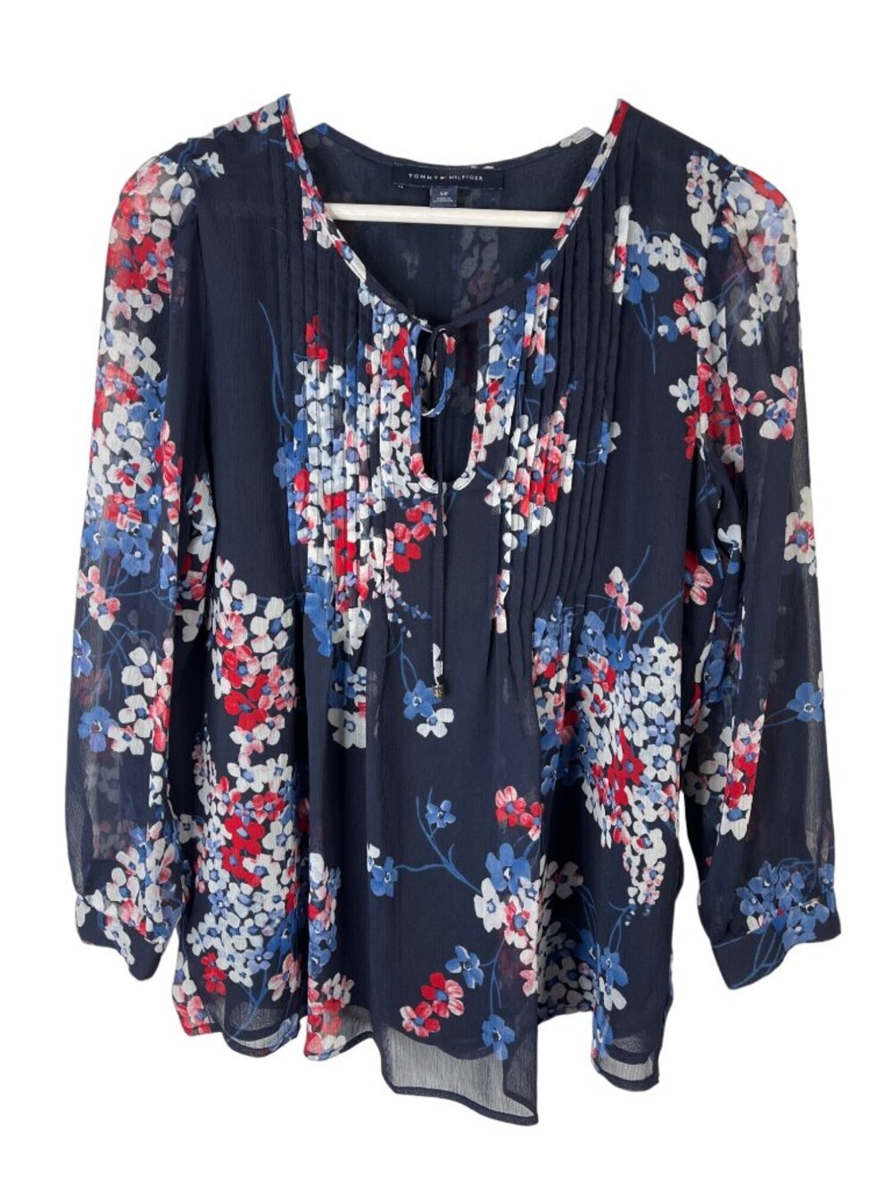 Tommy Hilfiger Womens Small Floral Sheer Blouse Blue Red Casual Top